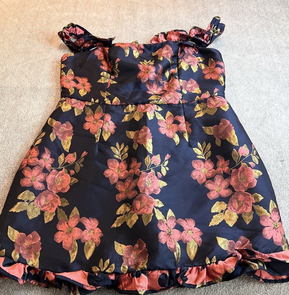 Lulus Pop the Bottle Navy Blue Floral Jacquard Ruffled Mini Dress XL B452
